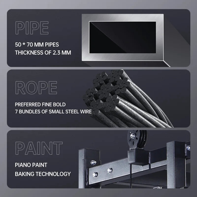 Infographic showing 50x70mm steel pipes, 7-bundle steel wire rope, and black piano-painted commercial gantry parts.