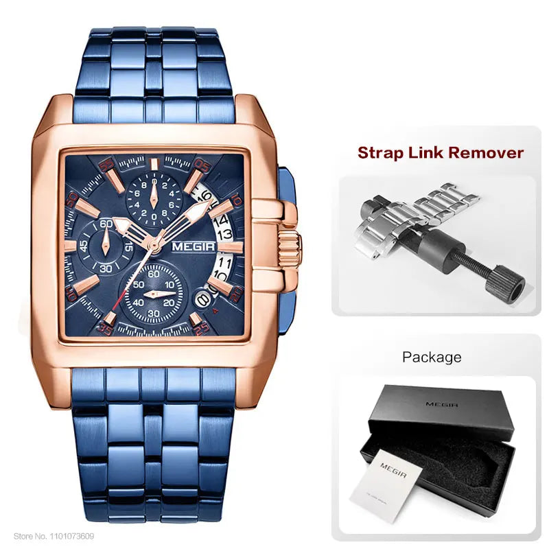 Men's rose gold and blue stainless steel square chronograph watch with three sub-dials, strap tool, and presentation box.