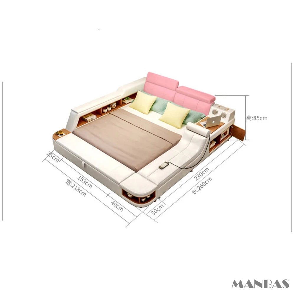 Luxury cream leather smart bed with pink headrest, integrated storage shelving, wooden accents and side table.
