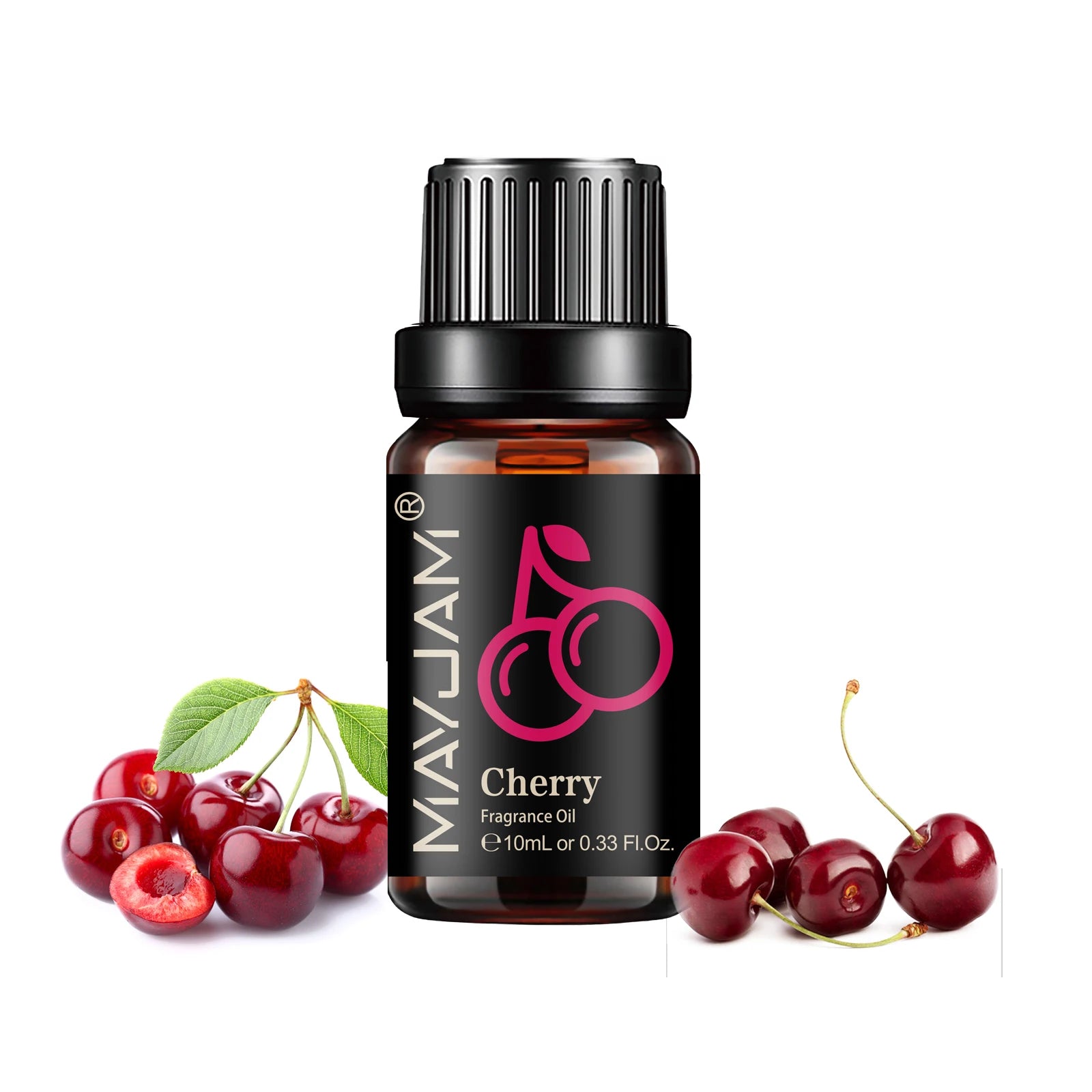 10ml brown glass bottle of cherry fragrance oil with a black dropper cap, surrounded by fresh cherries.