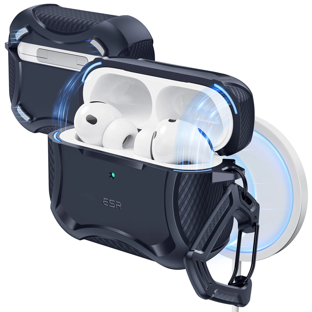 Black rugged protective case for AirPods Pro, with textured finish and metal carabiner clip.