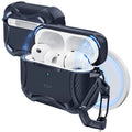 Black rugged protective case for AirPods Pro, with textured finish and metal carabiner clip.