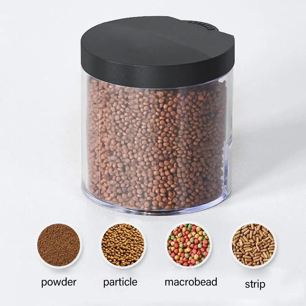 Clear storage jar with a black lid filled with brown particles, alongside circular samples of four feed textures.