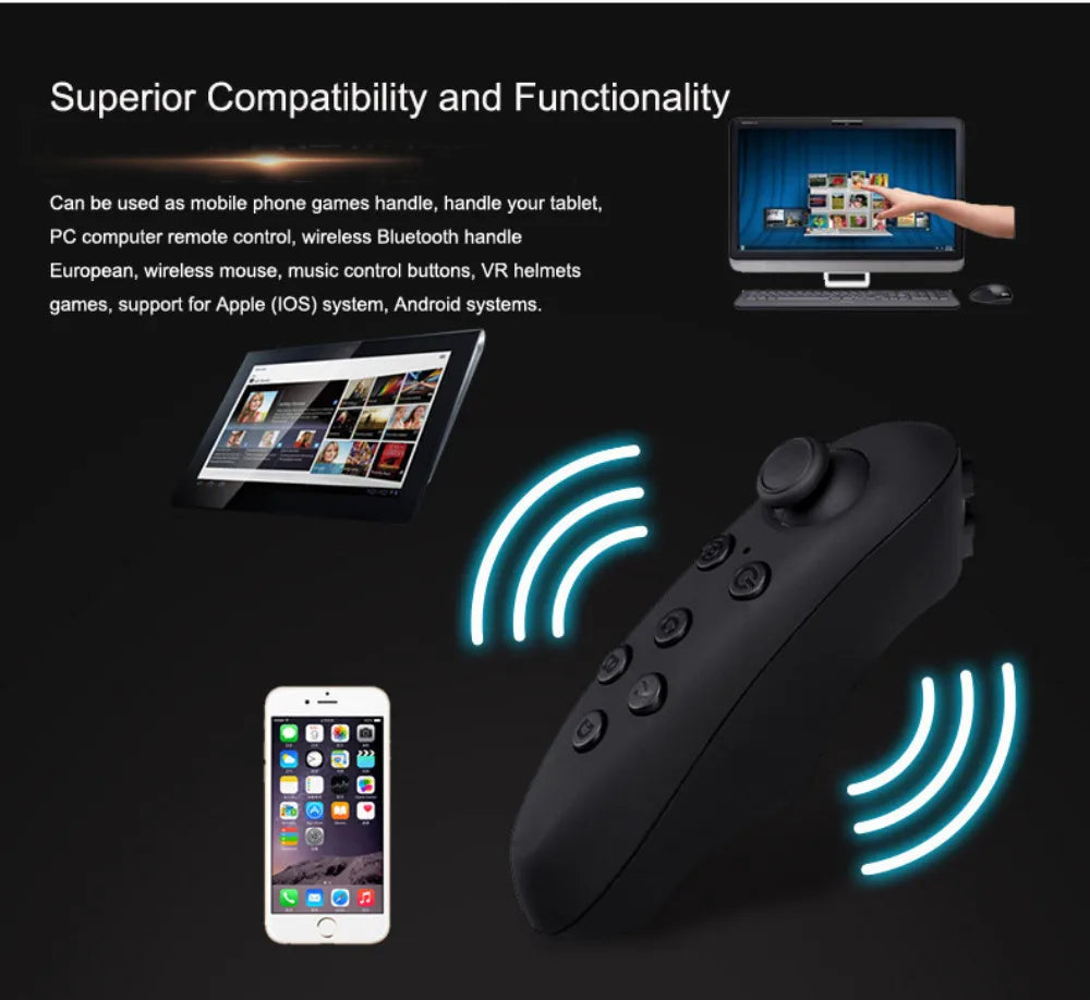 Black wireless gaming remote with joystick and buttons, shown connecting to a smartphone, tablet, and PC.