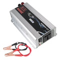 Silver 2000W car power inverter with power socket, USB port, and red and black battery connection cables.