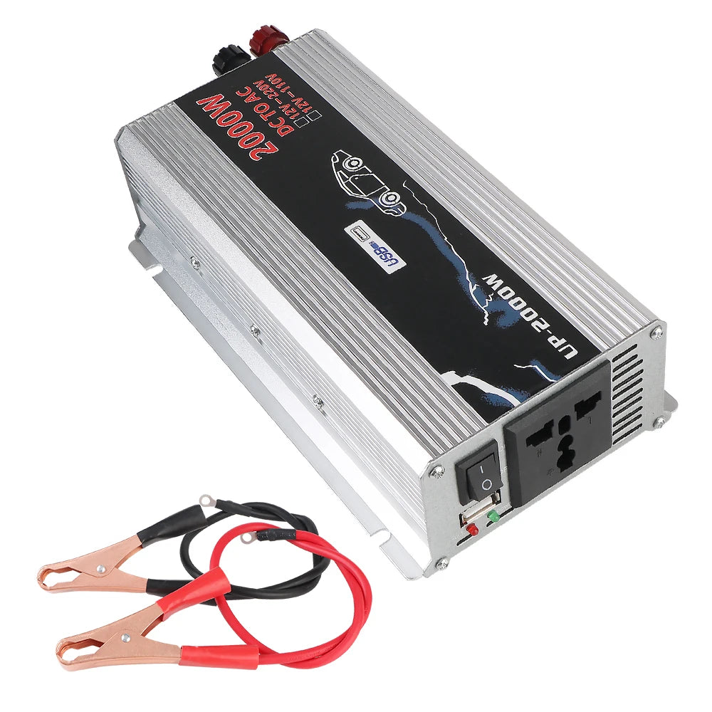 Silver 2000W car power inverter with power socket, USB port, and red and black battery connection cables.