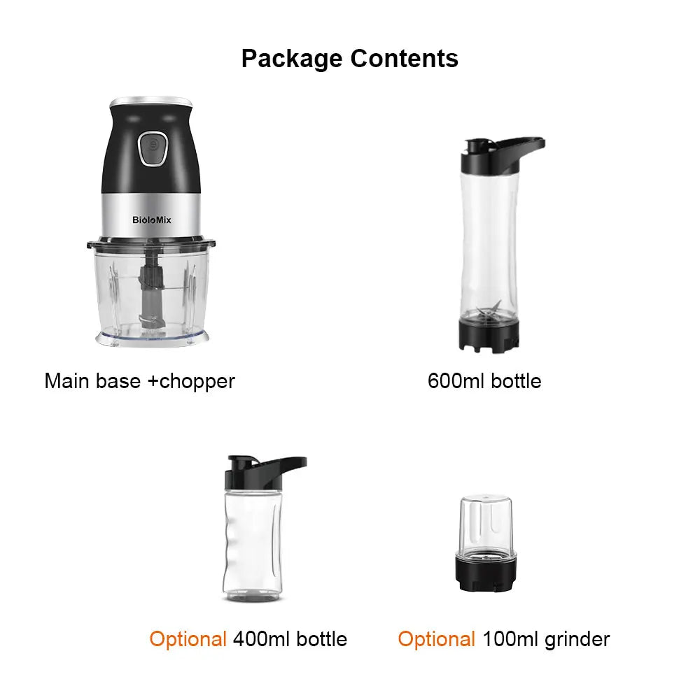 Black and silver hand blender kit including a chopper, 600ml bottle, 400ml bottle, and a 100ml grinder.