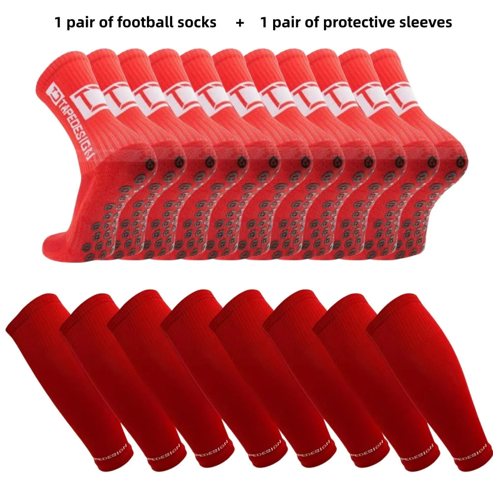Red football grip socks with rubberised soles, paired with matching red protective leg sleeves.