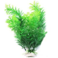 Artificial bright green aquarium plant with feathery, tapered leaves and a white base against a white background.
