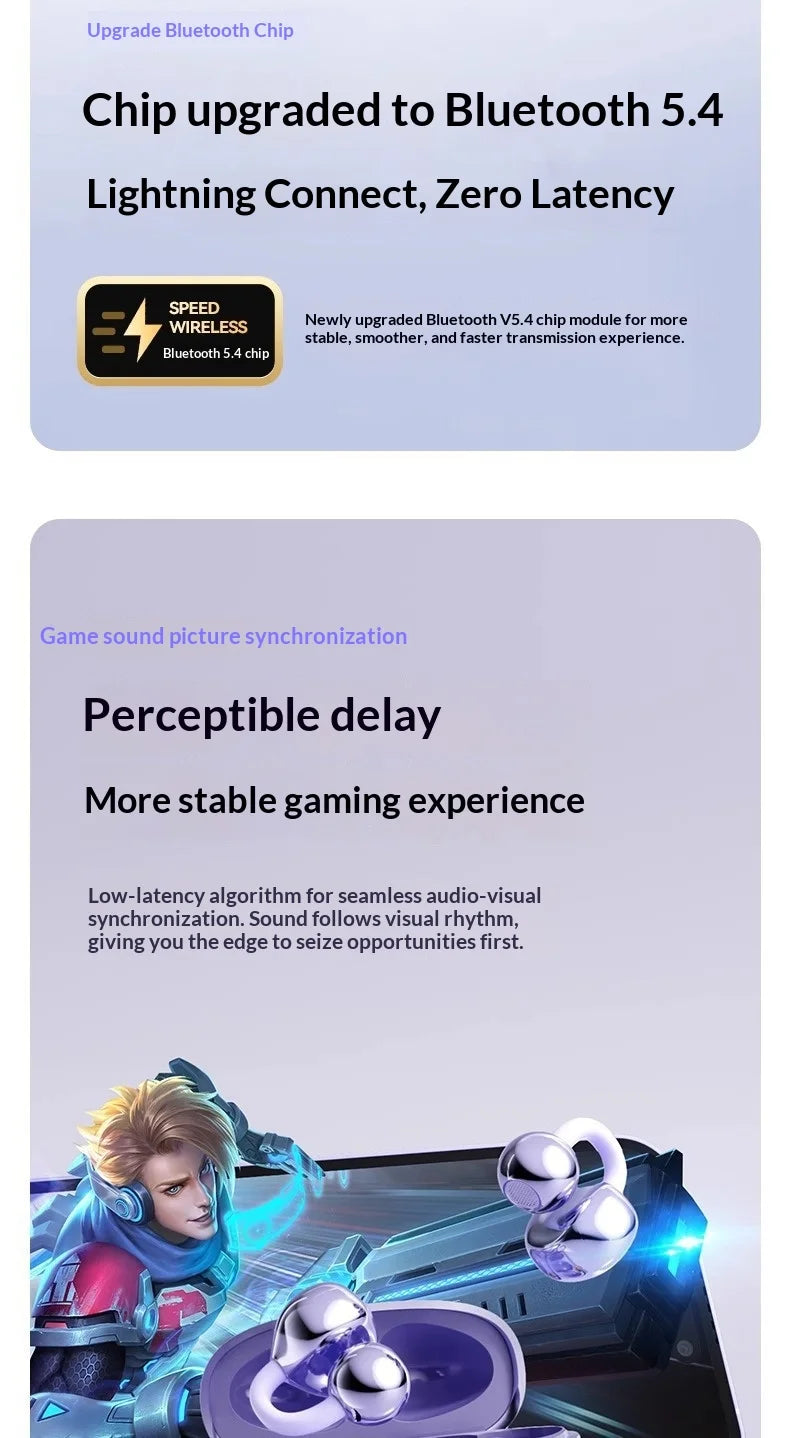 Promotional graphic for silver wireless earbuds featuring Bluetooth 5.4 technology for low-latency gaming.