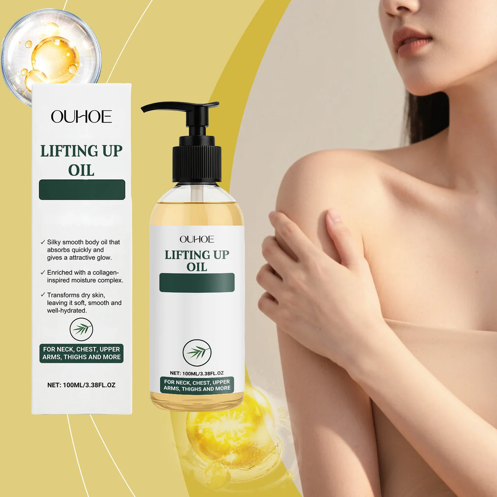 100ml bottle of golden body lifting oil with pump dispenser, designed to hydrate and smooth skin on body and neck.