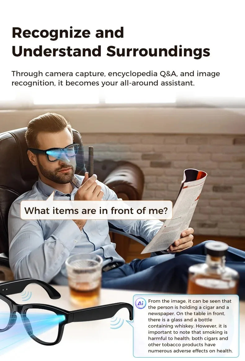 Smart black glasses with built-in camera and audio, showing a blue light projection for AI image recognition.
