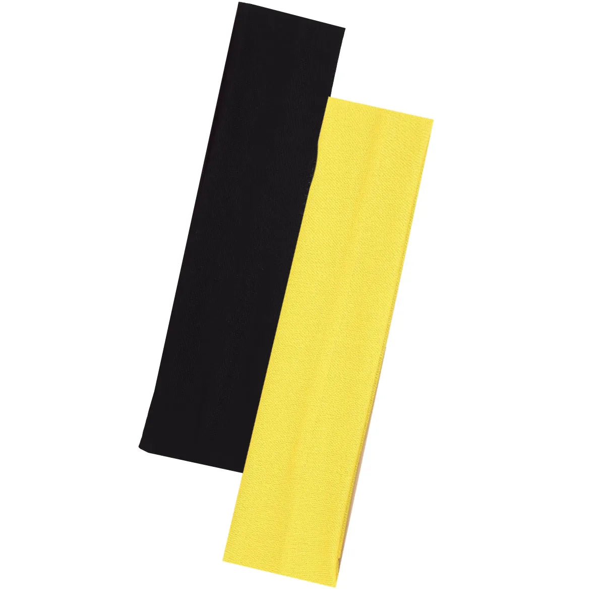 A pair of flat, rectangular fabric headbands in black and bright yellow.