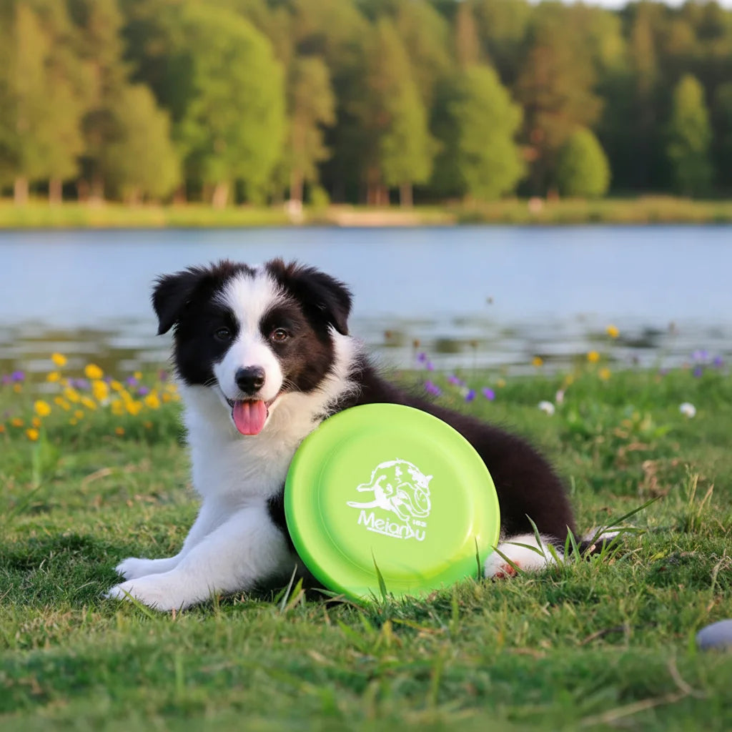 A black and white puppy sitting in grass beside a bright green, durable dog training flying disc.