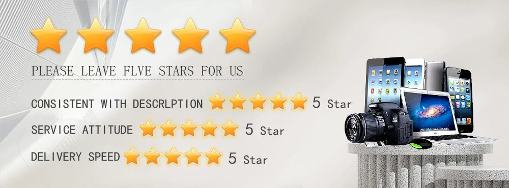 Five stars rating graphic with tablets, a laptop, a black DSLR camera, and a computer mouse on a textured table.