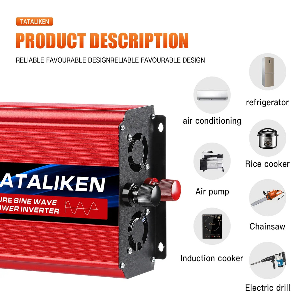 Red pure sine wave DC to AC power inverter with cooling fans and red/black terminals, shown powering various appliances.