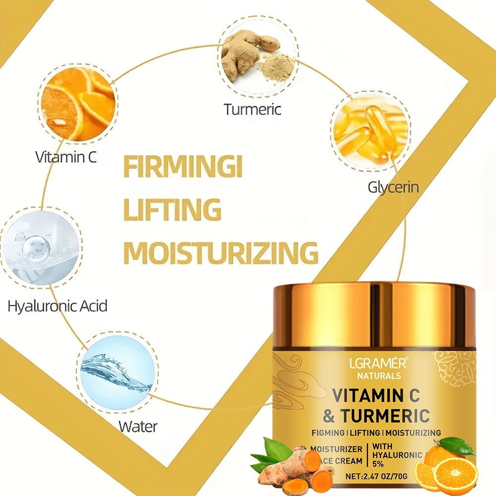 Gold jar of Vitamin C and Turmeric face cream, highlighting ingredients like hyaluronic acid for firming and moisture.