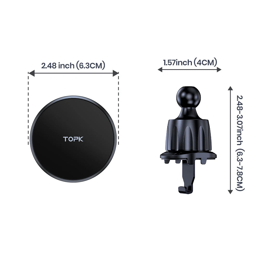 Black circular magnetic car phone mount with adjustable vent hook attachment, shown with dimension measurements.