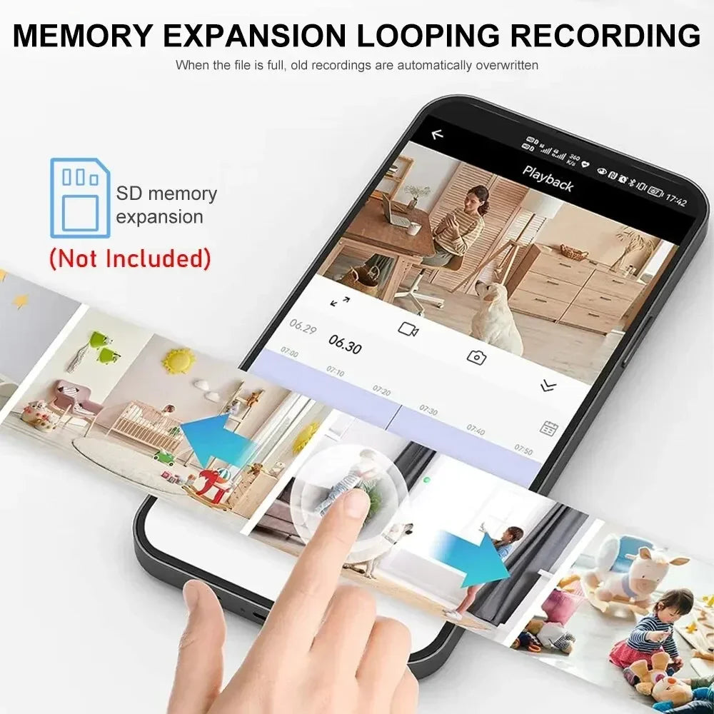 Black smartphone showing a security camera app interface with video playback, timeline, and SD card expansion icon.
