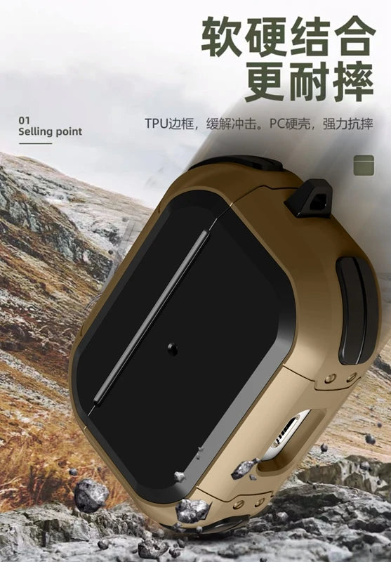 Rugged bronze and black protective case for AirPods, featuring shock-absorbent TPU and hard PC construction.