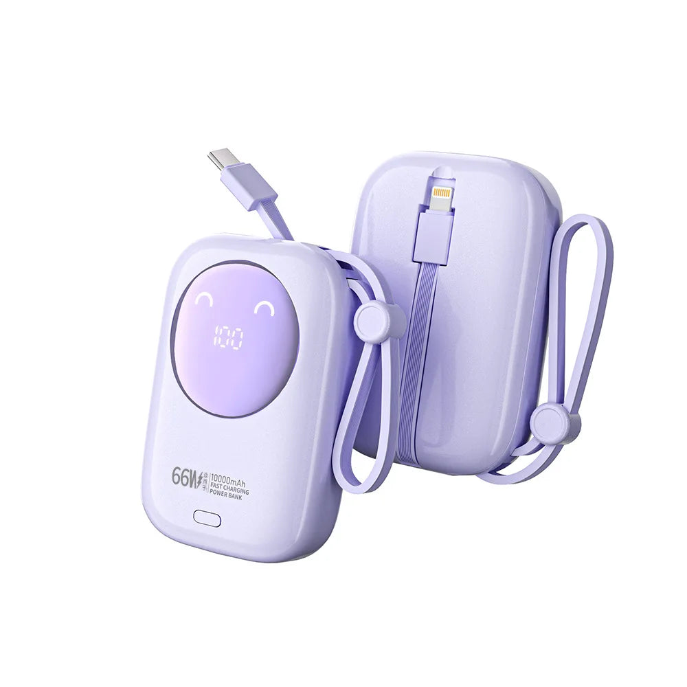 Lilac portable power bank with built-in cables, digital display, and cute smiley face design. Fast-charging power.