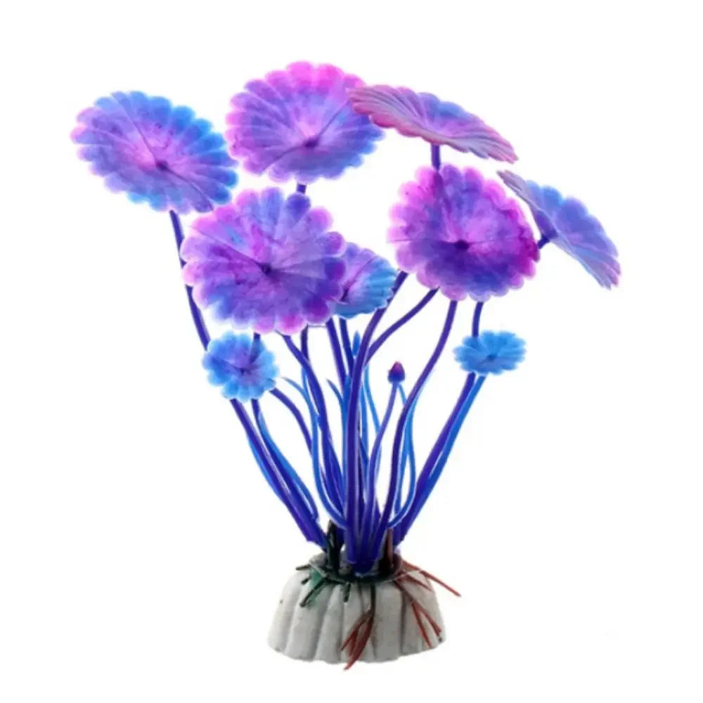 Artificial aquarium plant with blue and purple circular leaves on blue stems anchored in a small white base.