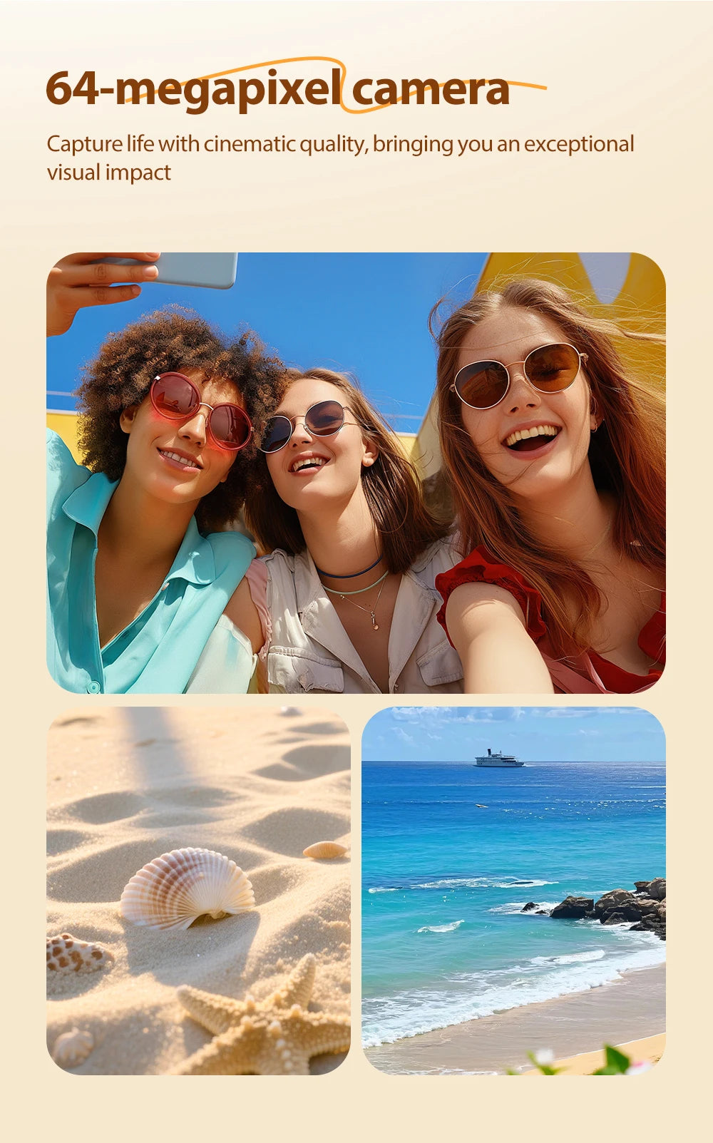 A collage showing a 64MP smartphone camera sample featuring three women taking a selfie, a seashell, and the sea.