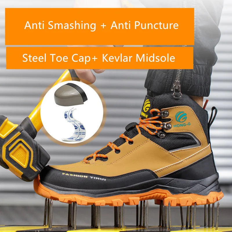 Tan and black high-top safety work boot with steel toe, orange laces, and anti-puncture sole standing on nails.