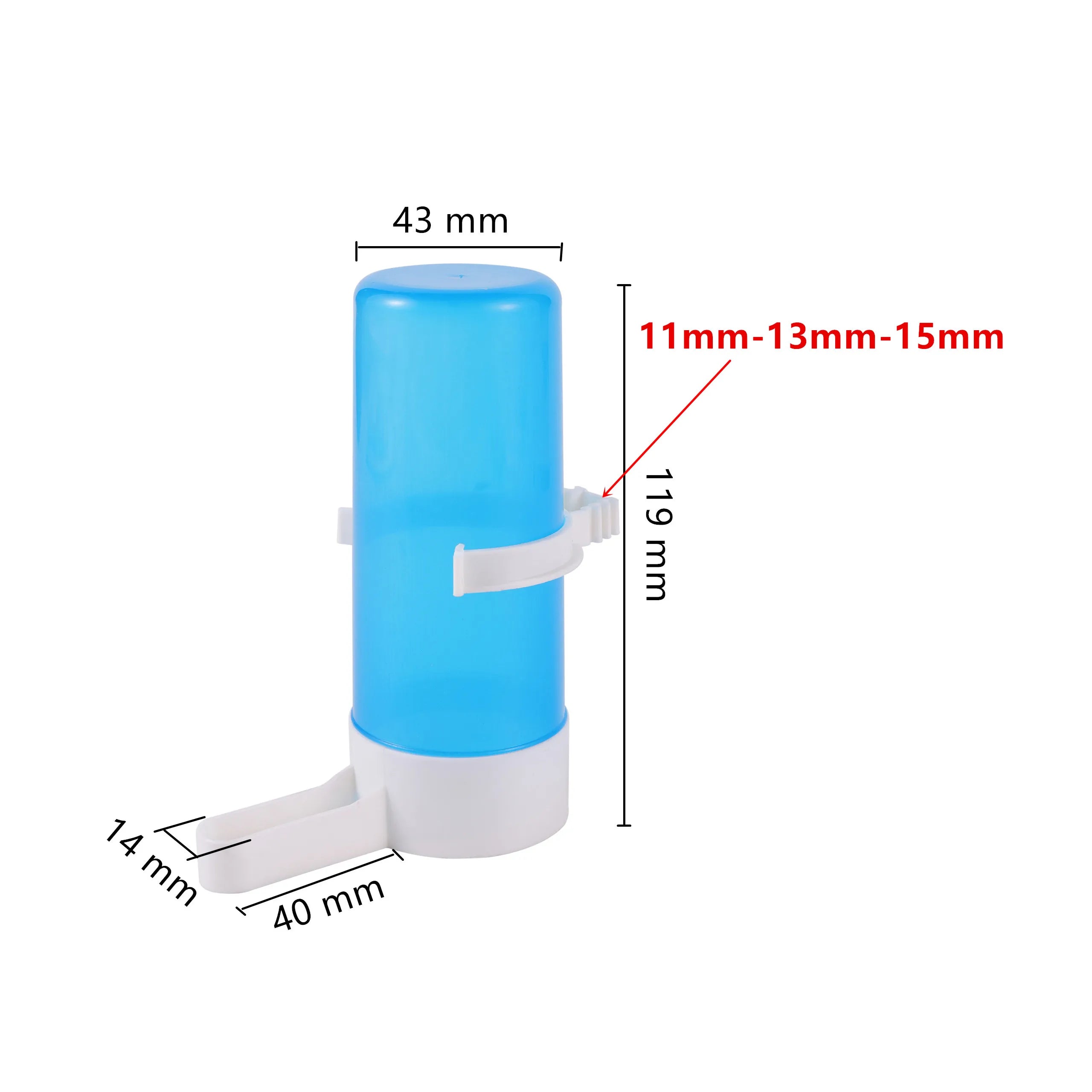 Blue translucent bird water dispenser with white base, clip, and trough, displayed with its exact dimensions in mm.