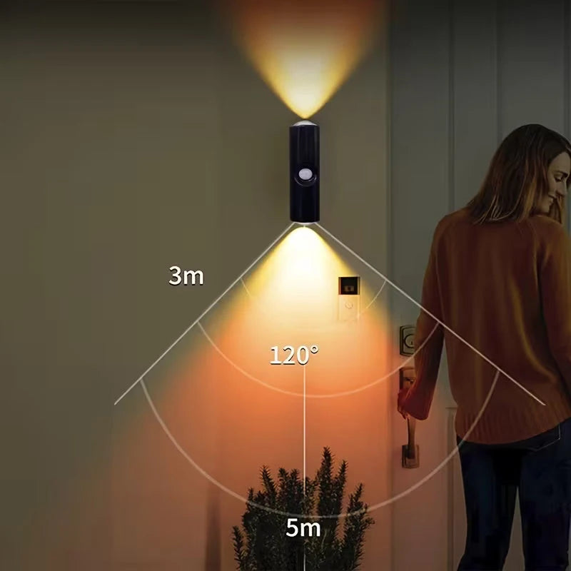 Modern black rechargeable LED wall light casting warm light beams, featuring a 120-degree motion sensor detection range.