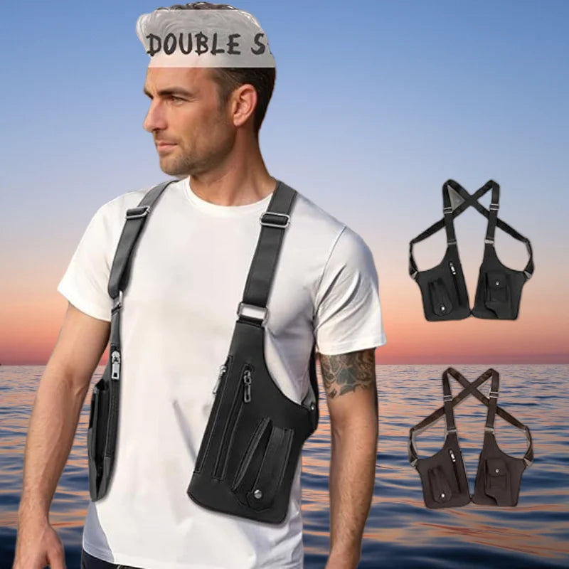 A man wearing a black tactical shoulder harness bag with multiple zip pockets, plus standalone images in black and brown.