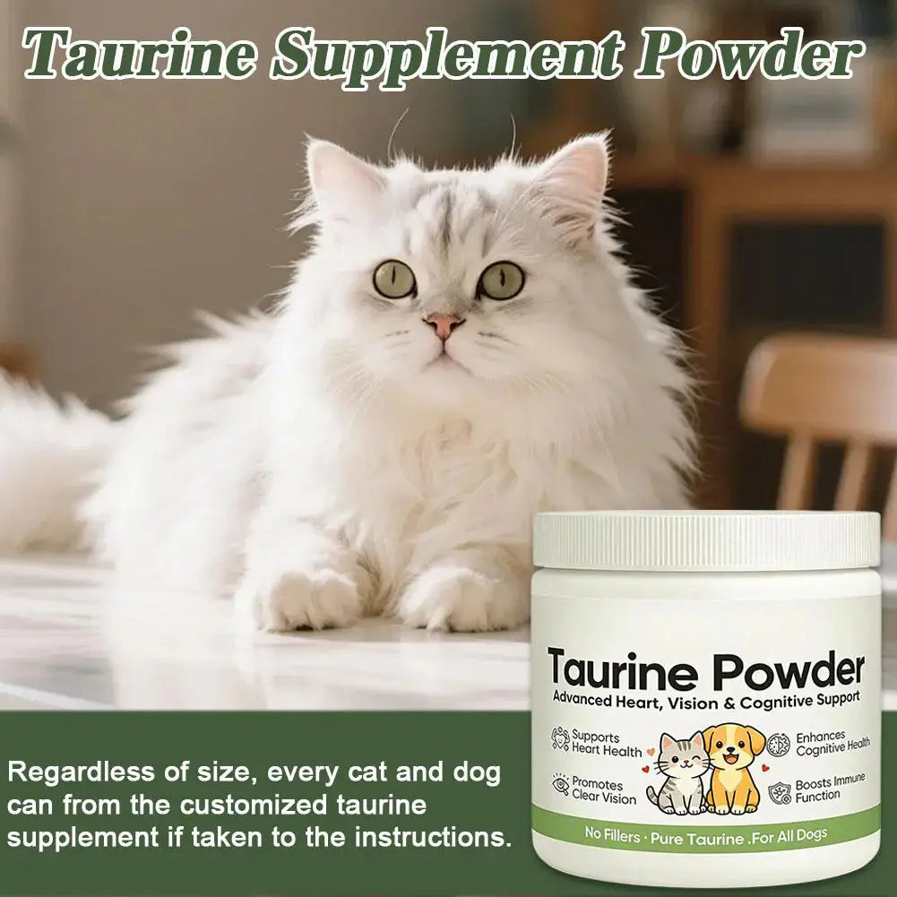 A white tub of Taurine powder for cats and dogs, featuring health support benefits and illustrations on the label.