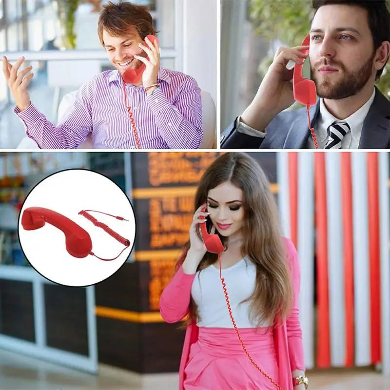 Retro-style red telephone handset for mobile phones, featuring a coiled cord and 3.5mm jack connector.