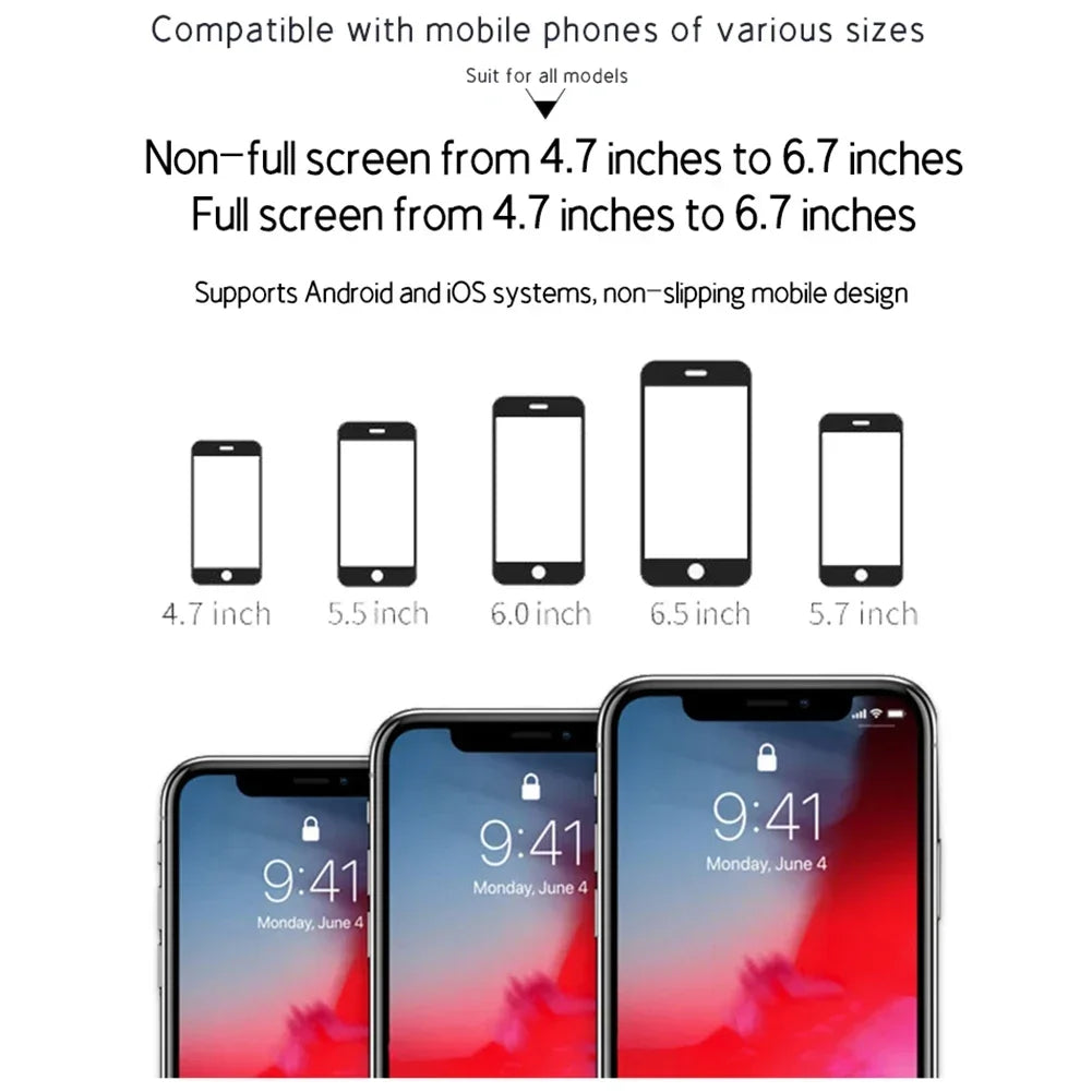 Infographic showing black mobile phone outline icons for screen sizes 4.7 to 6.7 inches and sample smartphone screens.