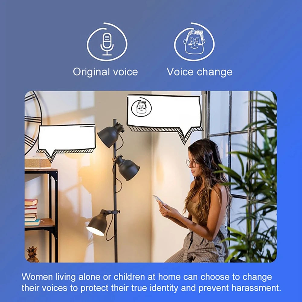 A woman indoors using a smartphone, highlighting voice-changing security features of a smart doorbell.