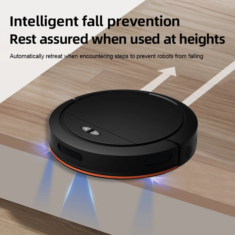 A black robot vacuum on a wooden floor near a ledge, with blue sensor lights shining downward.