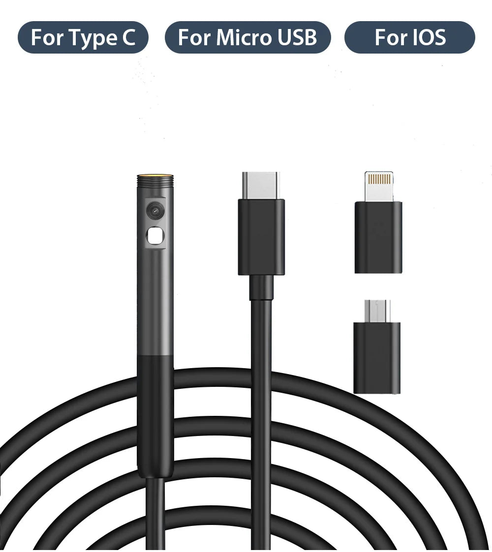 HD inspection camera with black cable and attachments for Type-C, Micro USB, and iOS devices.