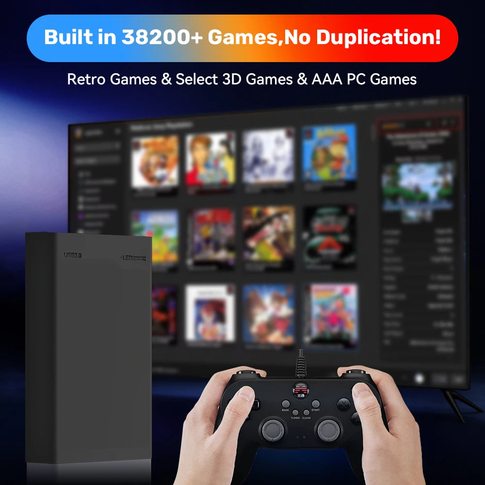 Black 500GB gaming HDD with USB 3.0 label, next to a person holding a black game controller in front of a TV screen.