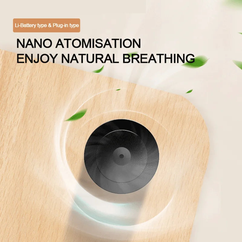 Light wood-grain smart aroma diffuser with a sleek black central nozzle releasing a mist spray.