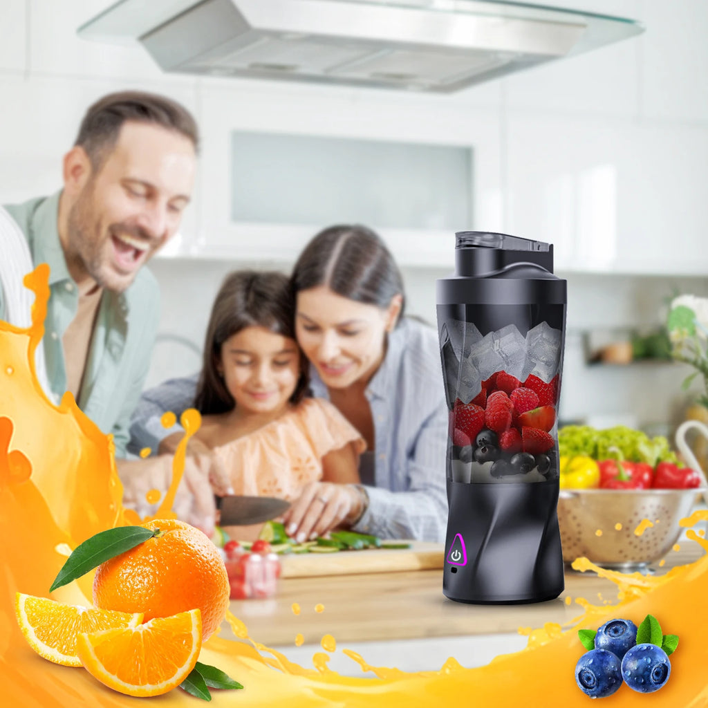 Portable black personal blender with a sleek, modern design, shown in a kitchen setting with fruit and splashes.