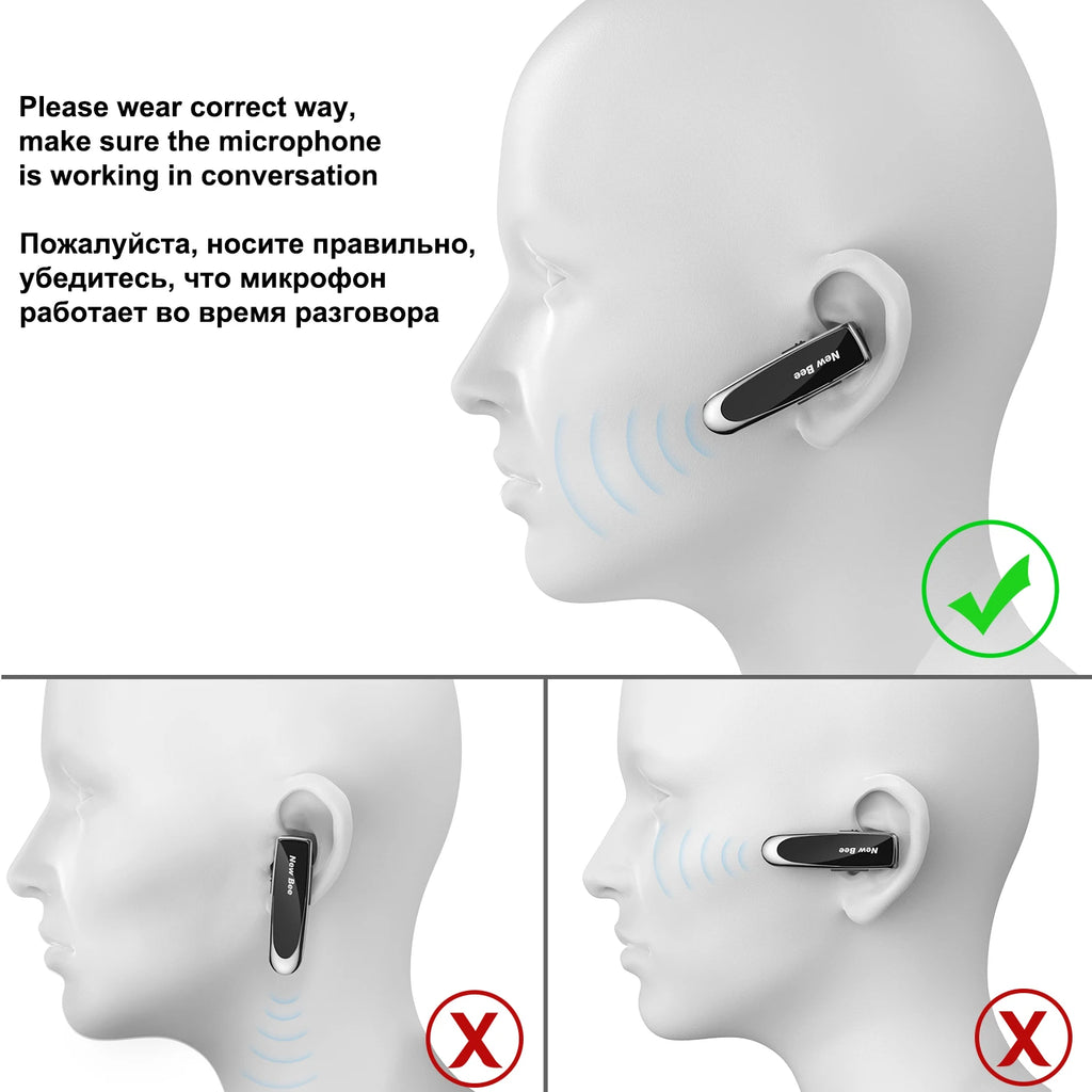 Diagram showing the correct and incorrect ways to wear a sleek, black wireless business headset on the ear.