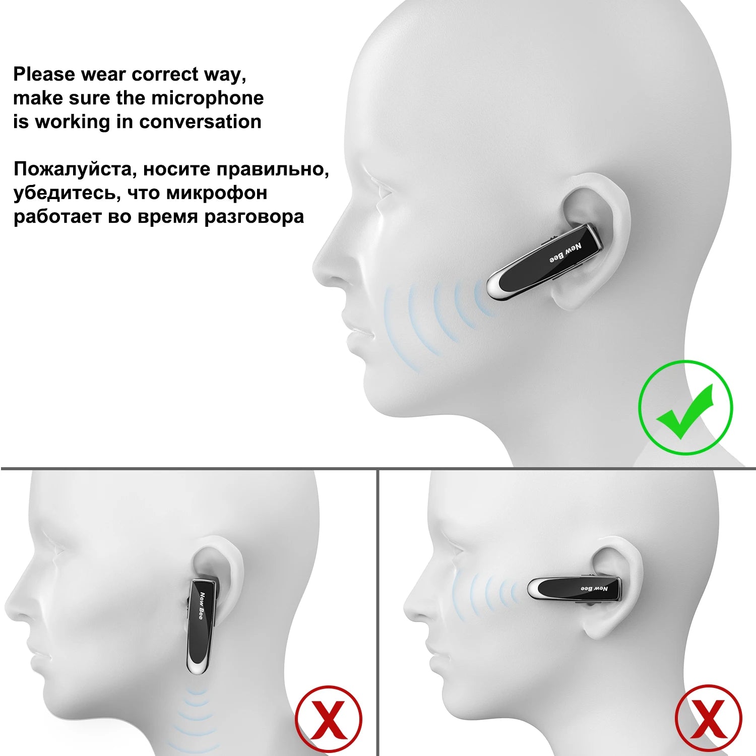 Diagram showing the correct and incorrect ways to wear a sleek, black wireless business headset on the ear.