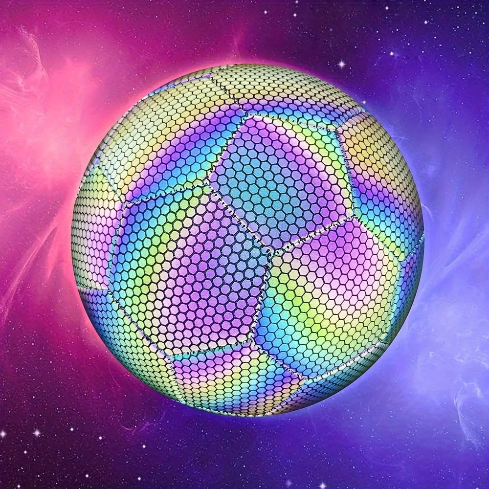 Holographic, reflective football with a honeycomb texture, set against a vibrant purple and pink nebula galaxy background.