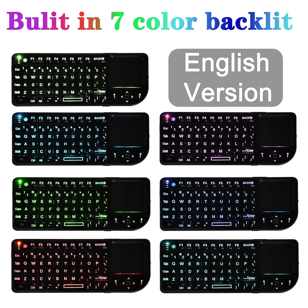 Black plastic mini wireless keyboard with a touchpad and seven-color backlit keys.