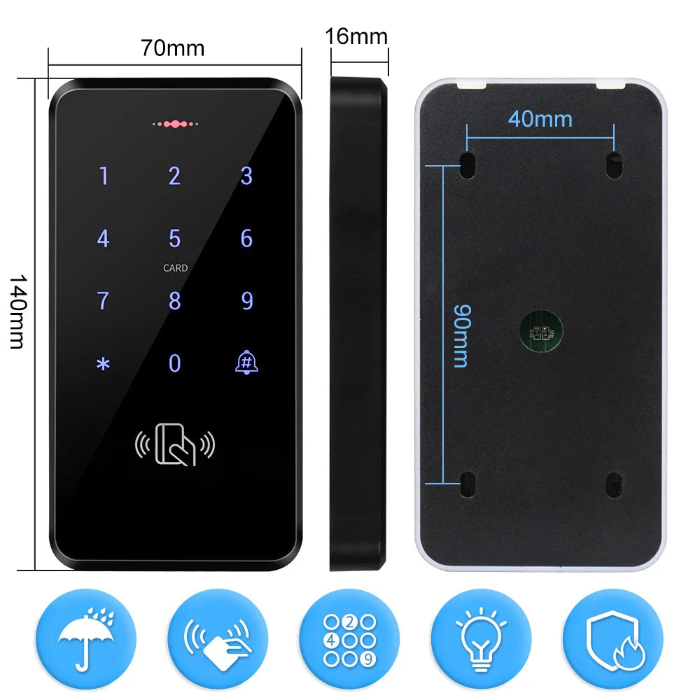 Black waterproof digital access control keypad with RFID card reader and numeric touch screen. Dimensions provided.