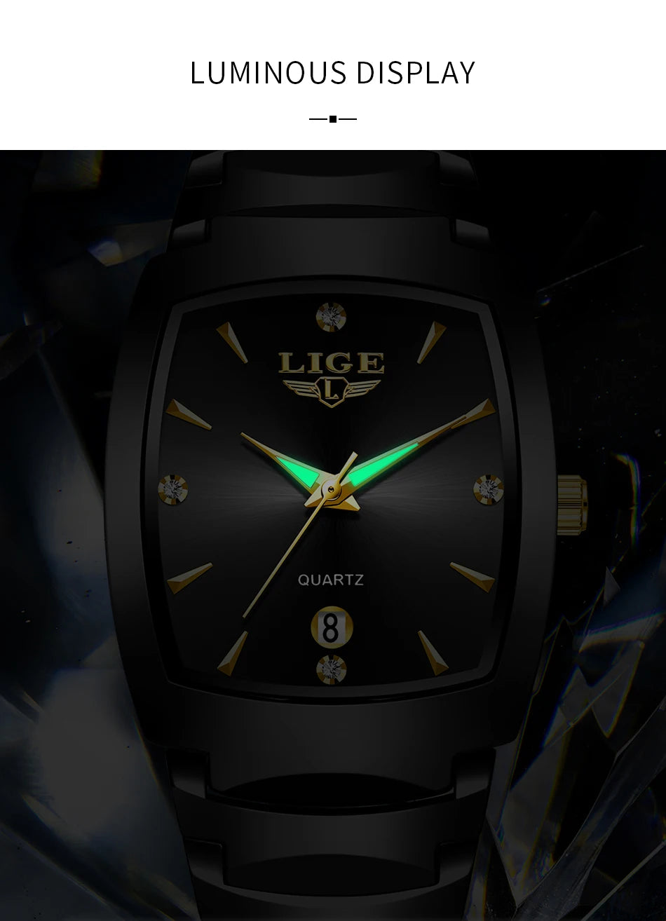 Elegant black stainless steel ladies' quartz watch with a luminous dial, gold accents, and crystal hour markers.