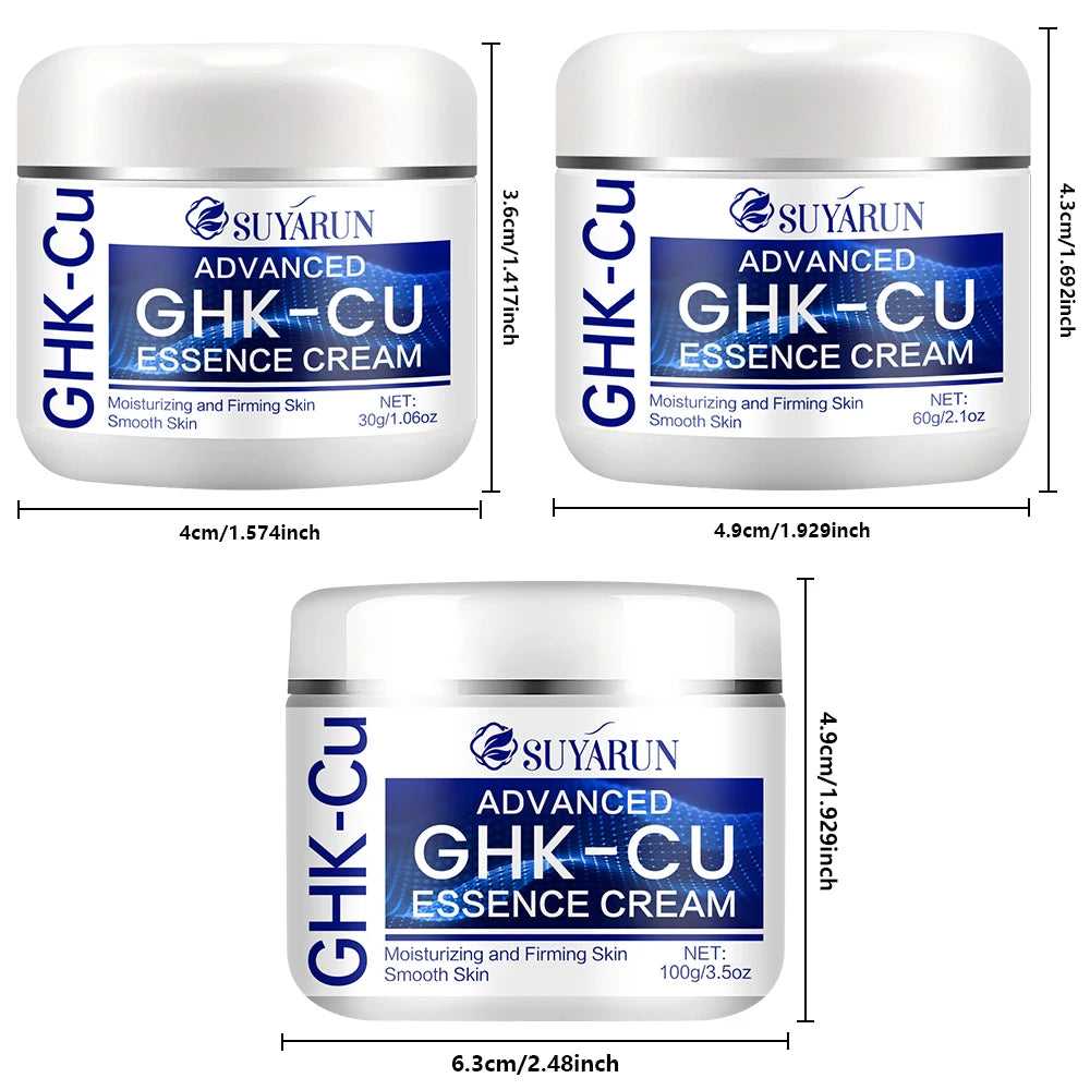 Three white jars of GHK-Cu essence cream for moisturizing and firming skin, shown in 30g, 60g, and 100g sizes.