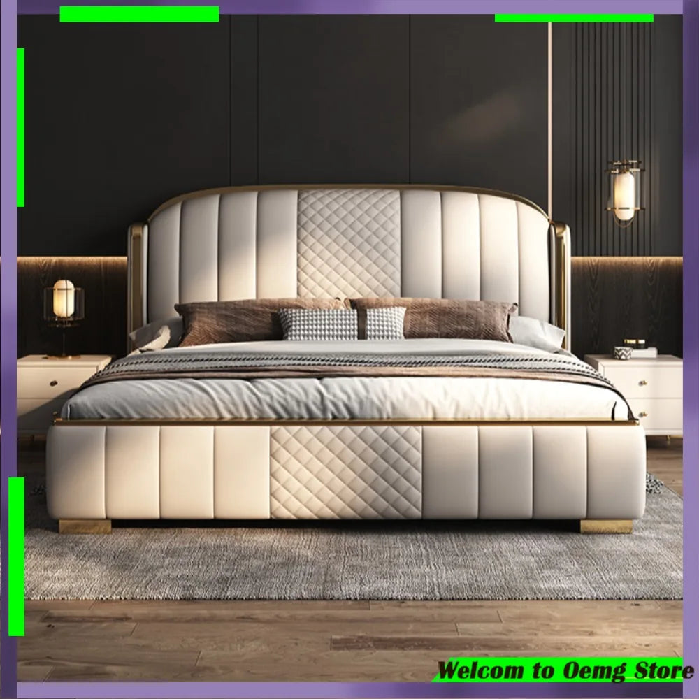 Minimalist cream upholstered bed frame with gold accents, featuring vertical panels and a quilted central design.