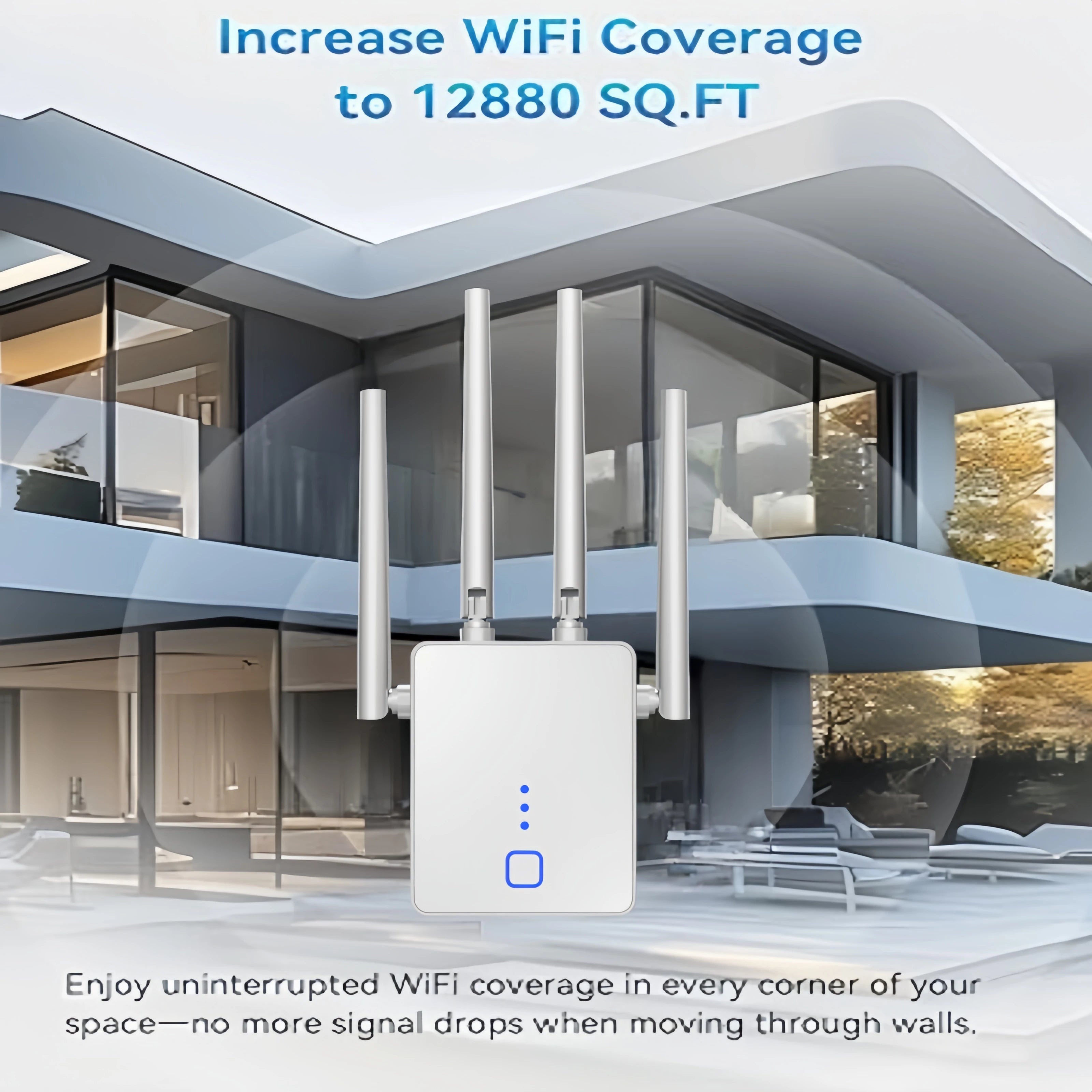 White, compact 1200Mbps WiFi extender with four antennas shown against a modern house background.