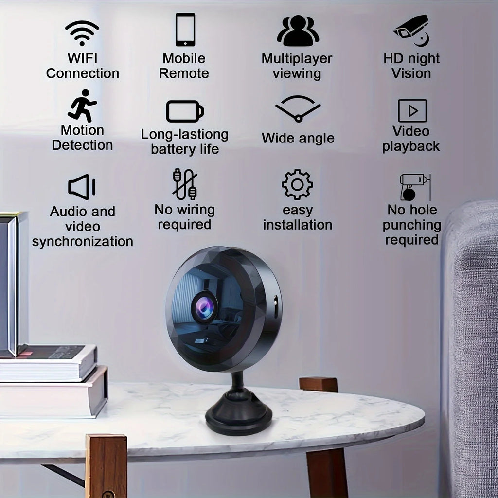 Black wireless circular security camera with wide-angle lens, motion detection, and night vision on a stand.